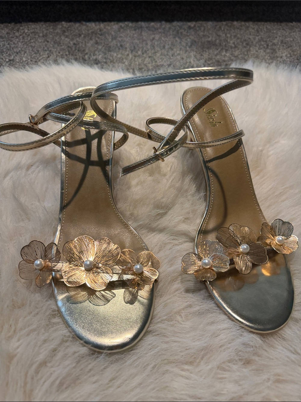 Metallic Gold Floral Pearl Strap Sandals - Women